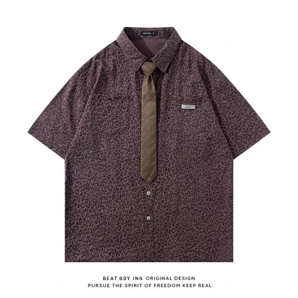 Design Beat Boy Ing Leopard Print Short-Sleeve Shirt in Burgundy with Tie Accent Shirt - 1