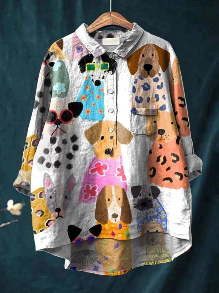 Design Dog Print Linen Shirt Multicolor - 1