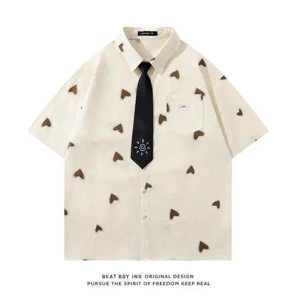 Design Beat Boy Ing Heart Print Short-Sleeve Button-Up Shirt Beige Shirt - 1