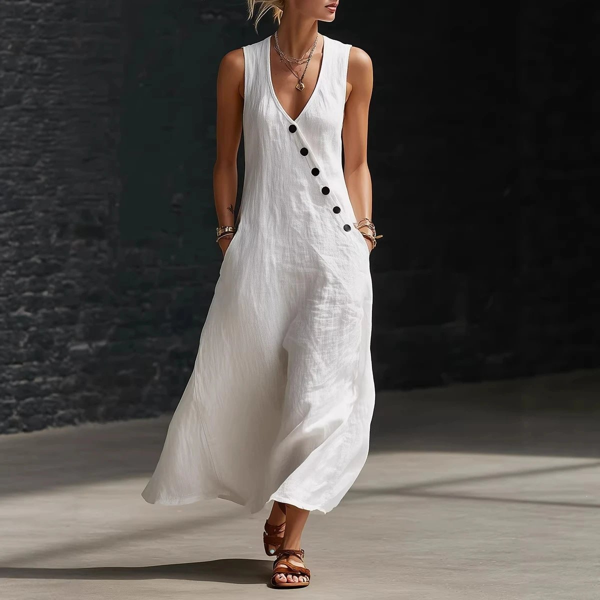 2026 Summer Cross-Border Women's Vacation Casual V-Neck Sleeveless Vest Dress, Amazon Temu, White Black Yellow