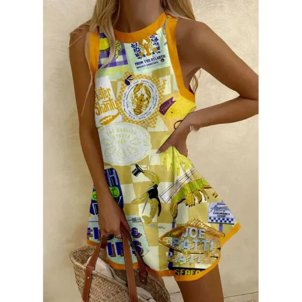 Design Collage Print Sleeveless Mini Dress Yellow Multicolor - 1