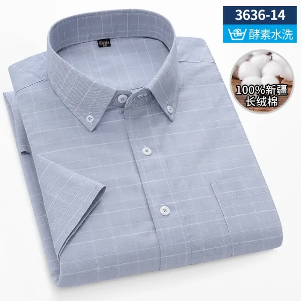 Design Short-Sleeve Button-Down Shirt Light Blue Grid Pattern Shirt - 1