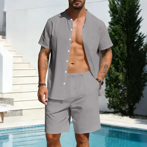 Design Short-Sleeve Button-Up Shirt and Drawstring Shorts Set Gray - 1