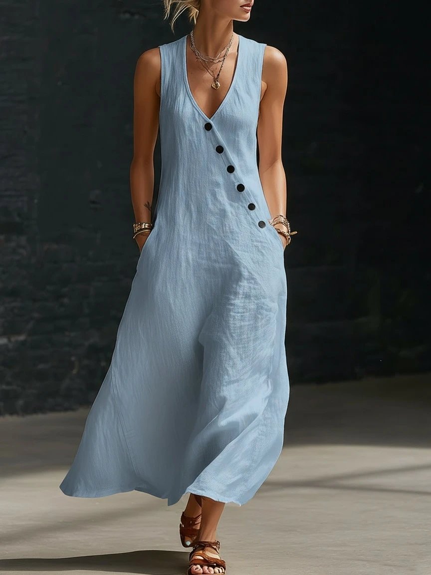 Design Sleeveless V-Neck Button-Front Maxi Dress Burgundy - 6