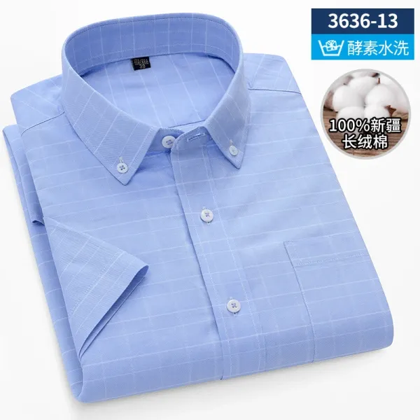 Design Short-Sleeve Button-Down Shirt Light Blue Grid Pattern Shirt - 1