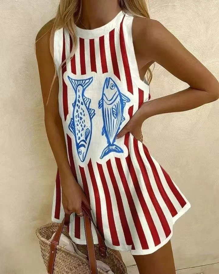 Design Fish Print Sleeveless Dress with Red Trim White Blue - 4