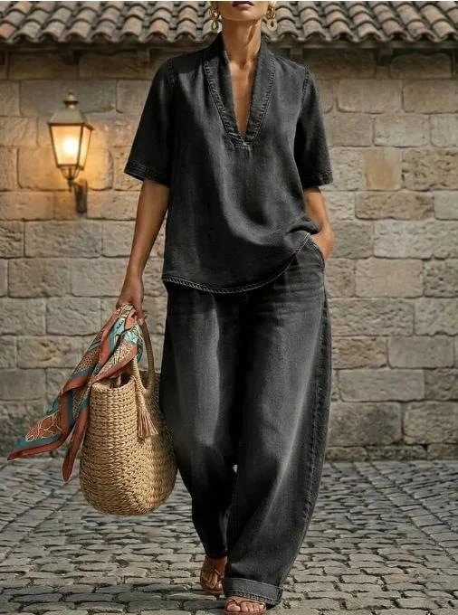 Design Linen V-Neck Shirt and Wide-Leg Pants Set Black - 9