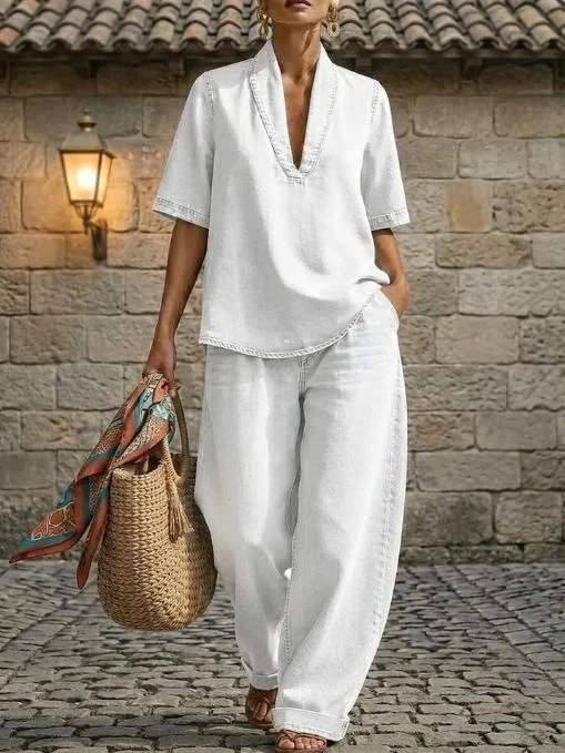 Design Linen V-Neck Shirt and Wide-Leg Pants Set Black - 8