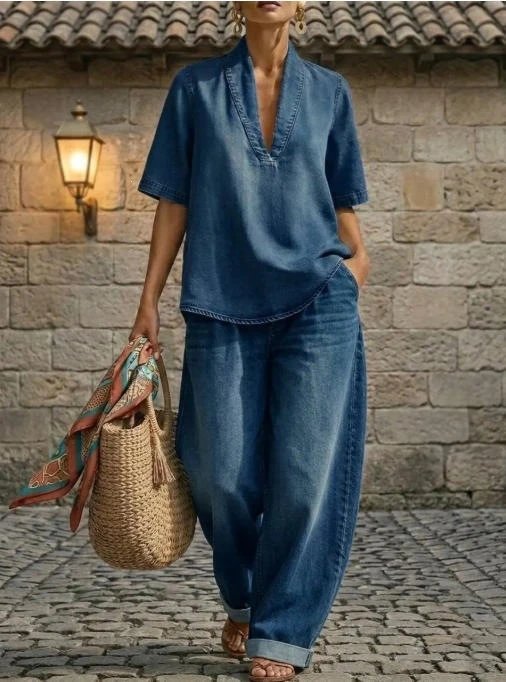 Design Linen V-Neck Shirt and Wide-Leg Pants Set Black - 12
