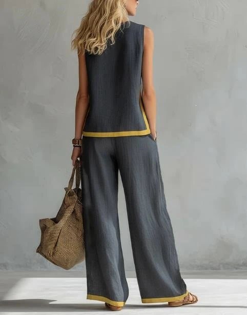 Design Two-Tone Linen Set in Sky Blue with Mustard Trim Pants and Top - 5