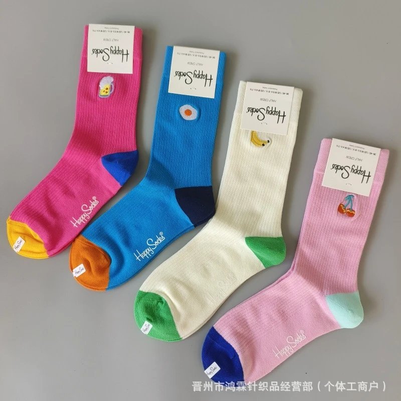 Design Happy Socks Banana Embroidery Crew Socks White Green Socks - 2