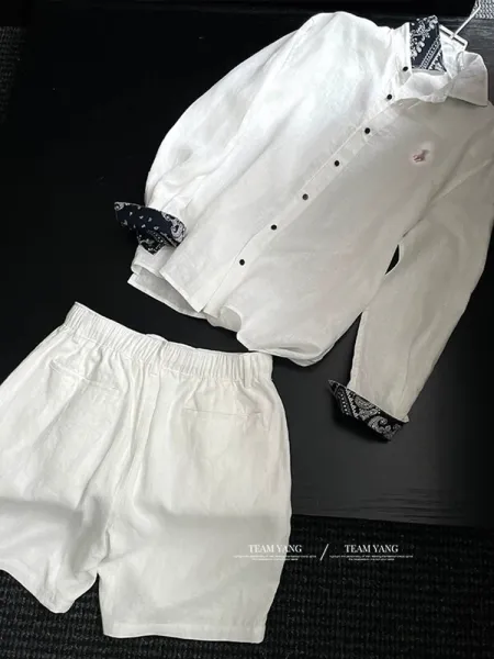 Design Linen Blend Pleated Shorts Beige Shorts - 16