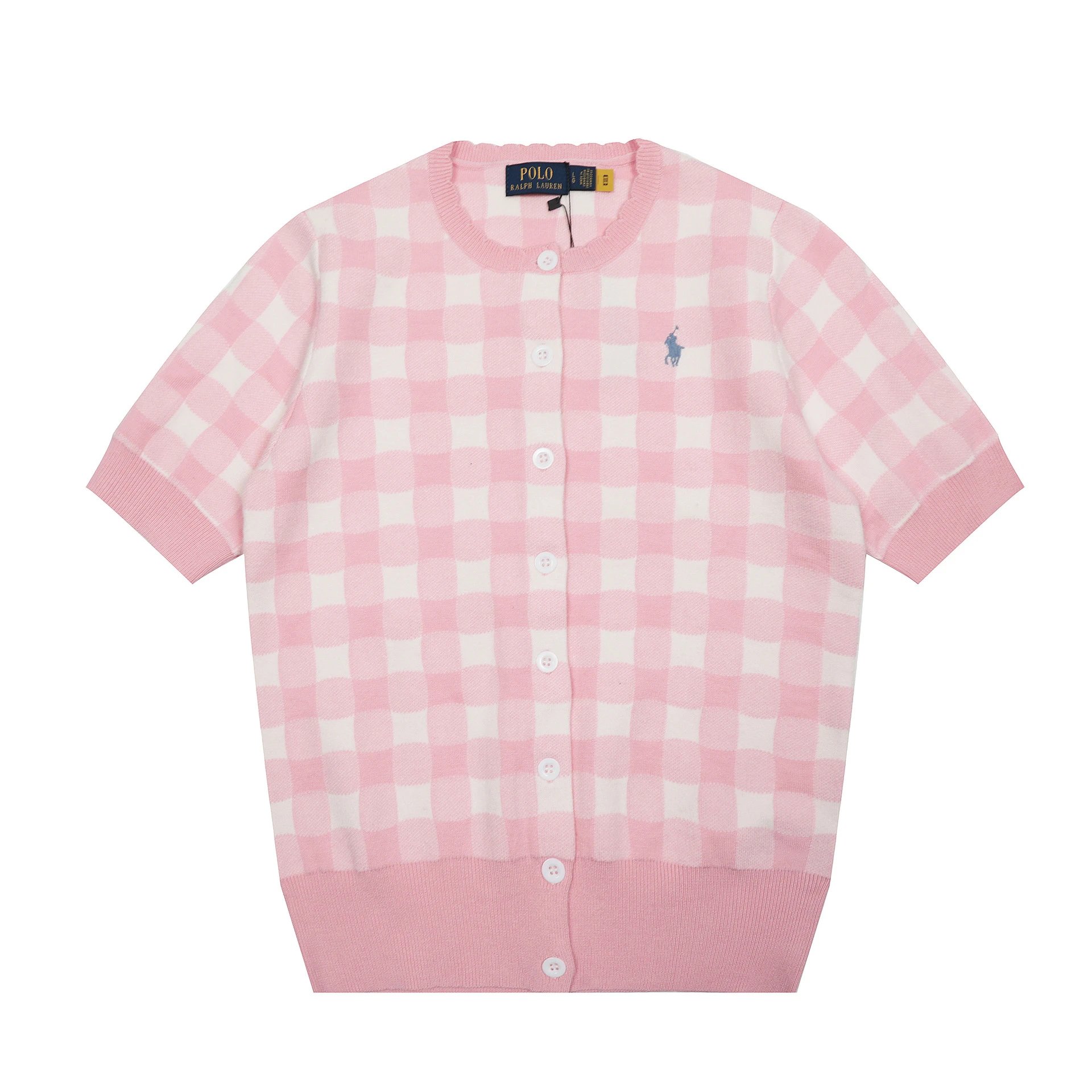 Polo Ralph Lauren Gingham Knit Short-Sleeve Sweater Light Blue - 8