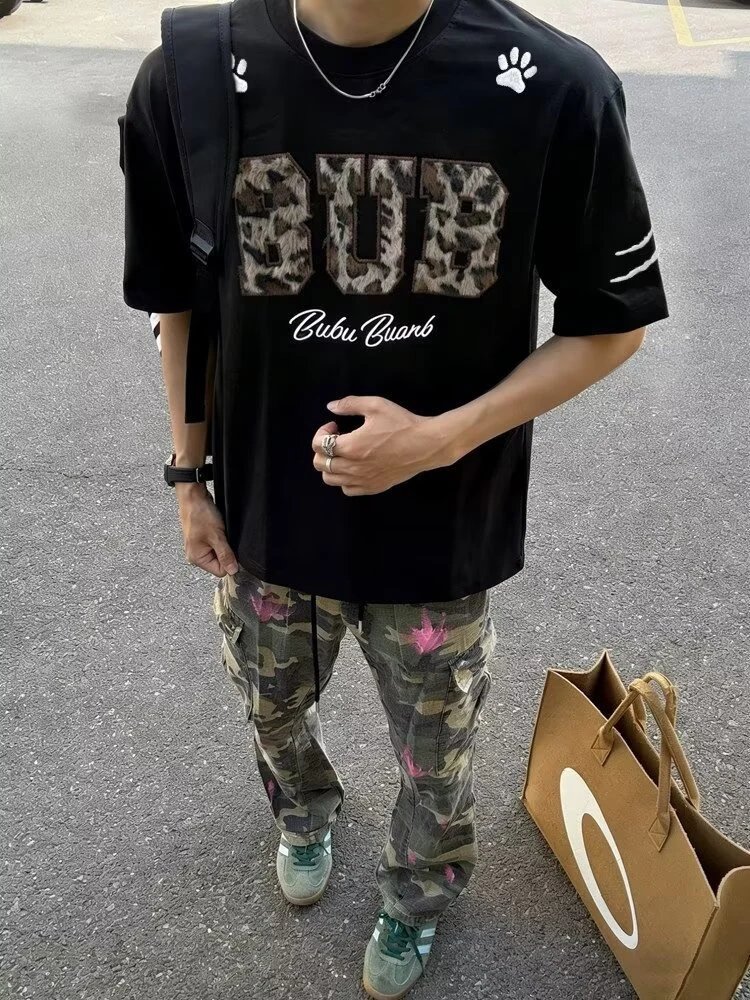 Design Bubu Buanb Leopard Print Logo T-Shirt Black T-Shirts - 9