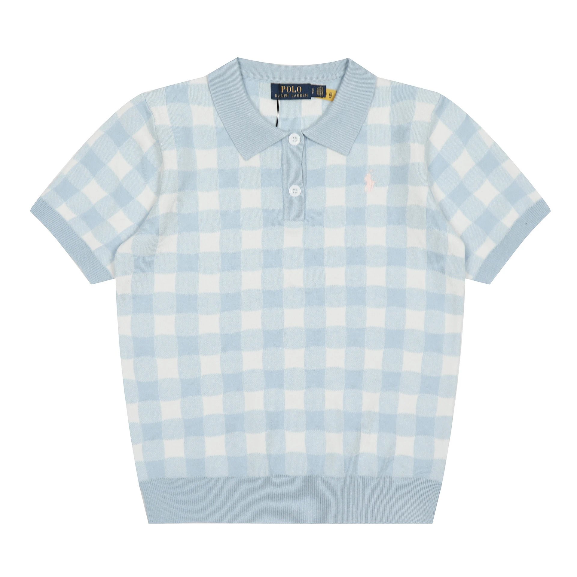 Polo Ralph Lauren Gingham Knit Short-Sleeve Sweater Light Blue - 10