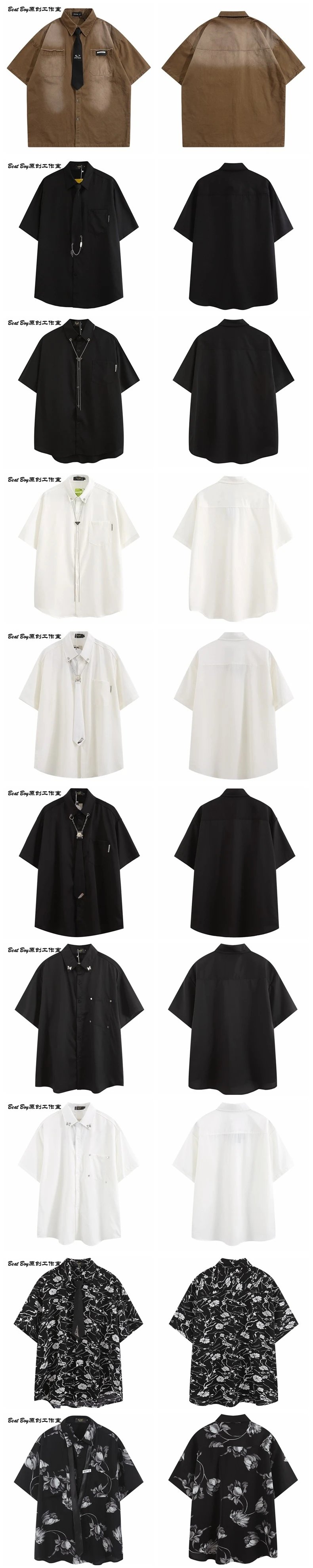 Design RESUAPRE Short-Sleeve Utility Shirt in Light Gray with Black Tie Tops Shirt - 4