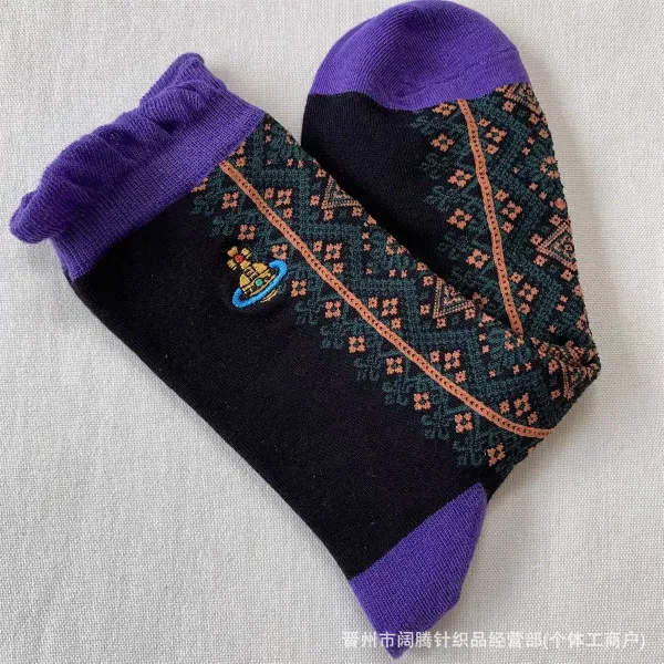 Vivienne Westwood Orb Embroidered Tribal Pattern Socks Purple Black - 1