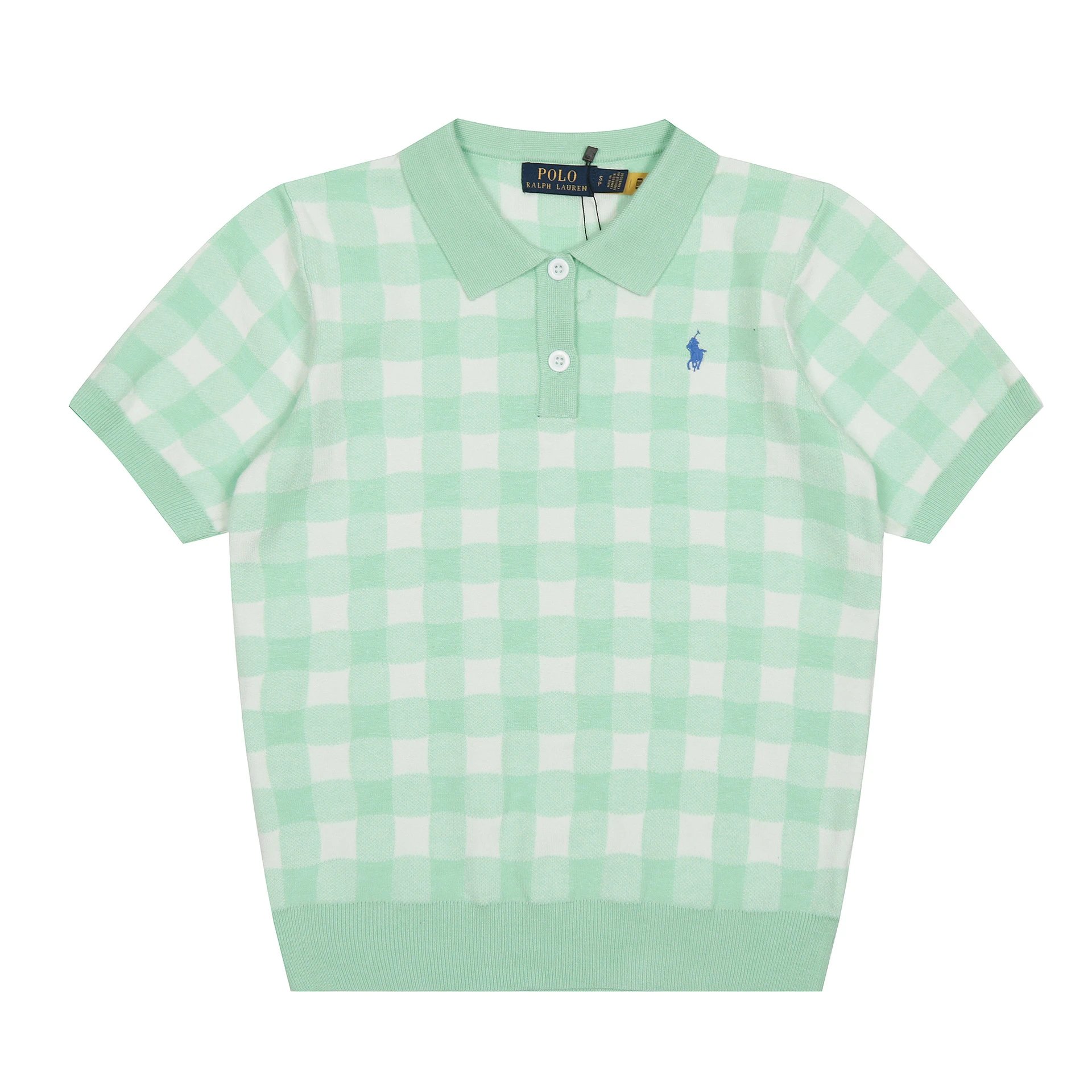 Polo Ralph Lauren Gingham Knit Short-Sleeve Sweater Light Blue - 12