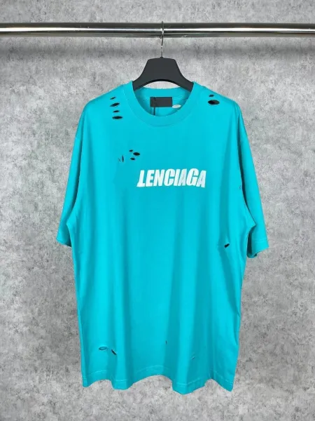 Balenciaga Distressed Logo Tee Turquoise T-Shirt - 1
