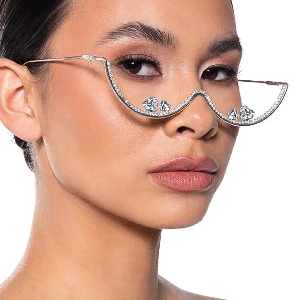 Style 3 White Diamond Heart Glasses Frame - Silver