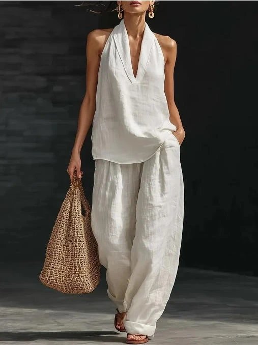 Design Halter Neck Linen Set Pink - 7