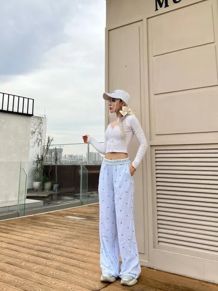 Design Floral Print Wide-Leg Pajama Pants White Sleepwear - 35