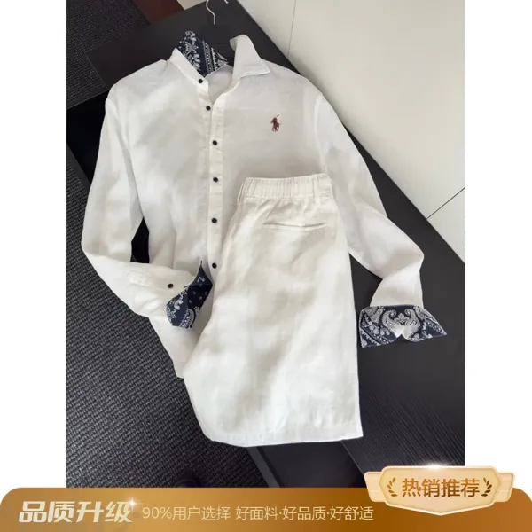 Polo Ralph Lauren Linen Shirt and Shorts Set White with Paisley Cuffs - 1