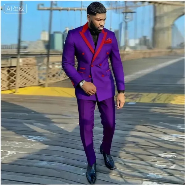 Design Navy Double-Breasted Tuxedo Blazer with Black Lapels and Pocket Square - 7