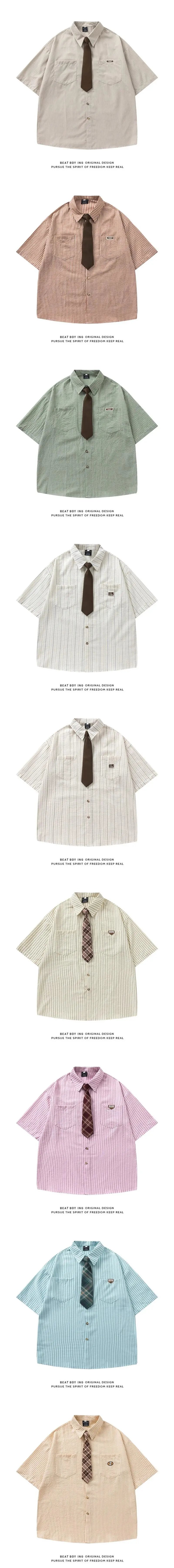Design RESUAPRE Short-Sleeve Utility Shirt in Light Gray with Black Tie Tops Shirt - 5