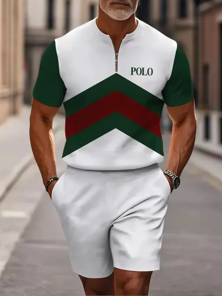 Polo Ralph Lauren Chevron Half-Zip Polo White Green Red Shorts Set Tops Polo - 1