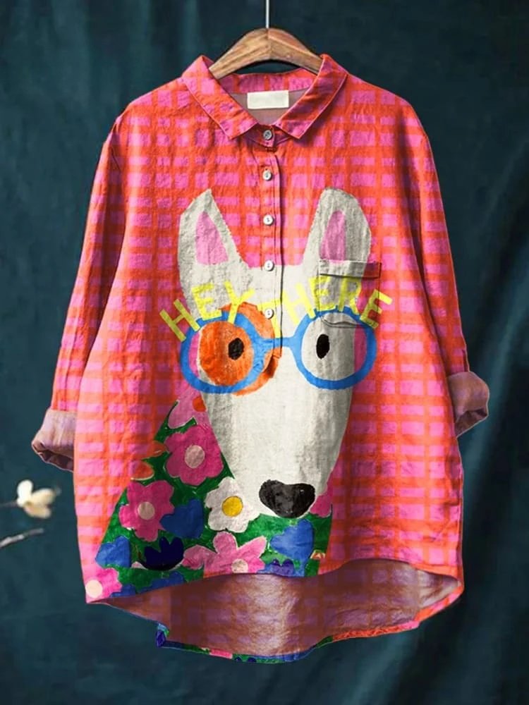 Design Graphic Print Checkered Shirt with Dog Motif Orange Pink - 1