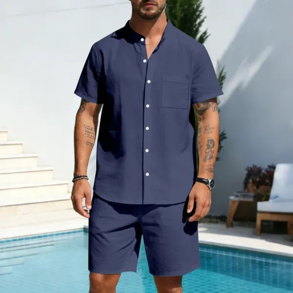 Design Olive Green Button-Front Shirt and Drawstring Shorts Set - 38