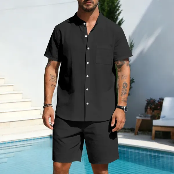 Design Olive Green Button-Front Shirt and Drawstring Shorts Set - 48