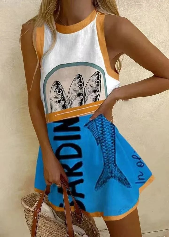 Design Fish Print Sleeveless Dress with Red Trim White Blue - 5