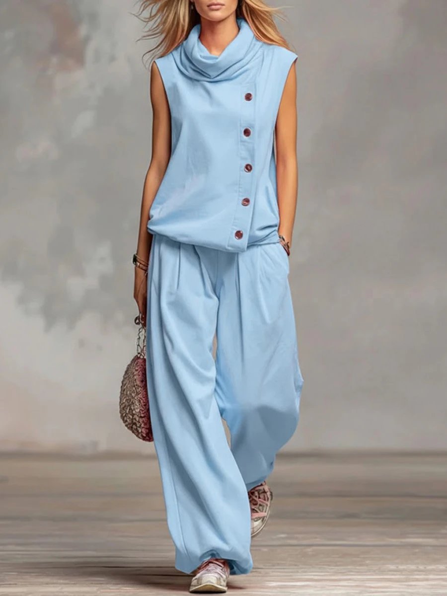 Design Sleeveless Cowl Neck Button-Front Set in Sky Blue - 4
