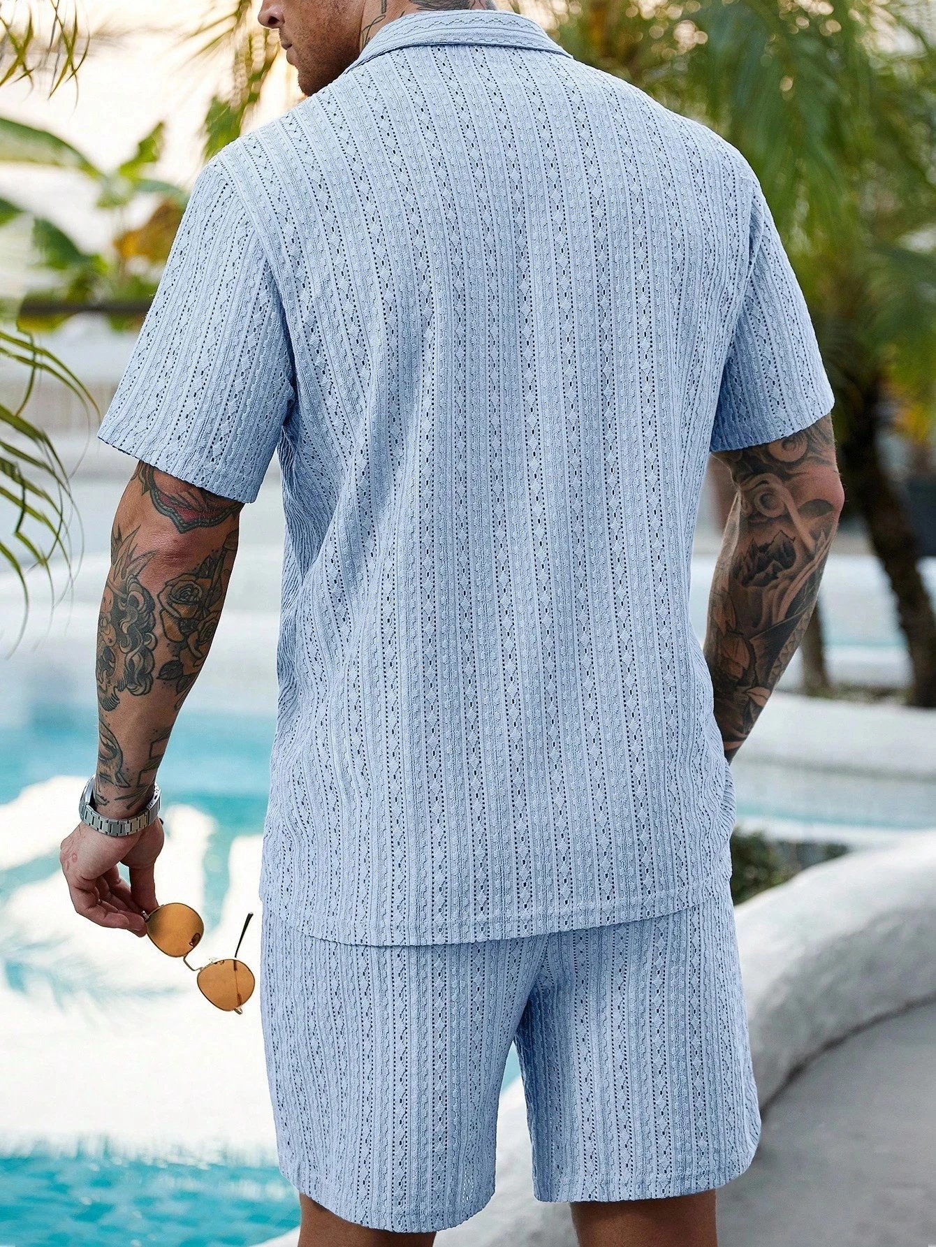 Design Knit Open-Front Short-Sleeve Shirt and Shorts Set Beige - 30