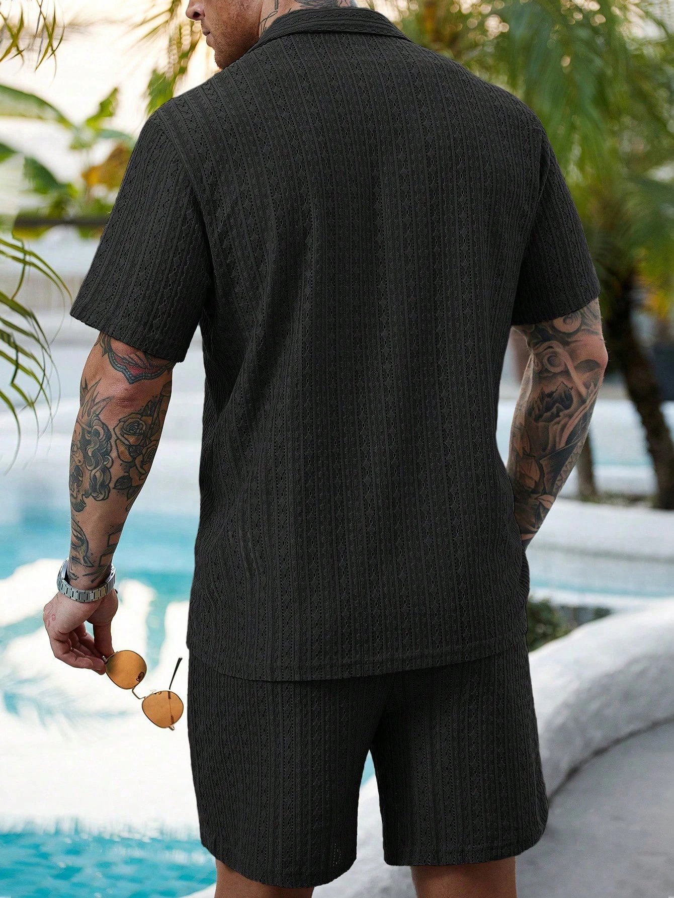Design Knit Open-Front Short-Sleeve Shirt and Shorts Set Beige - 36