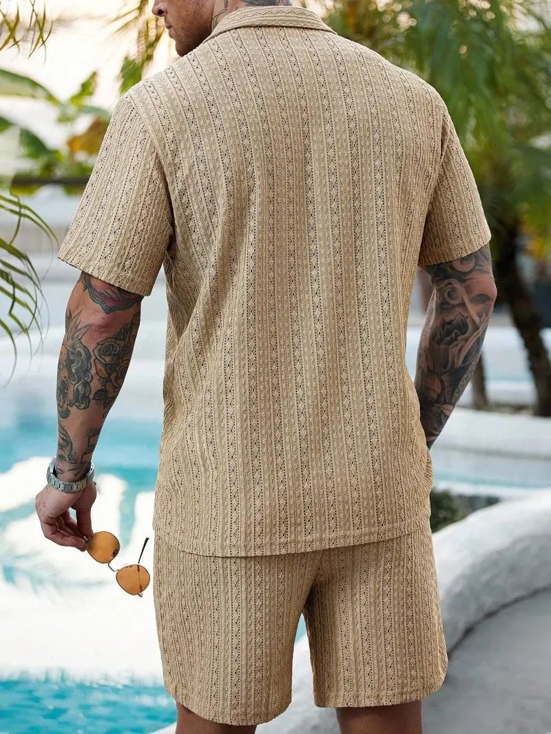 Design Knit Open-Front Short-Sleeve Shirt and Shorts Set Beige - 44