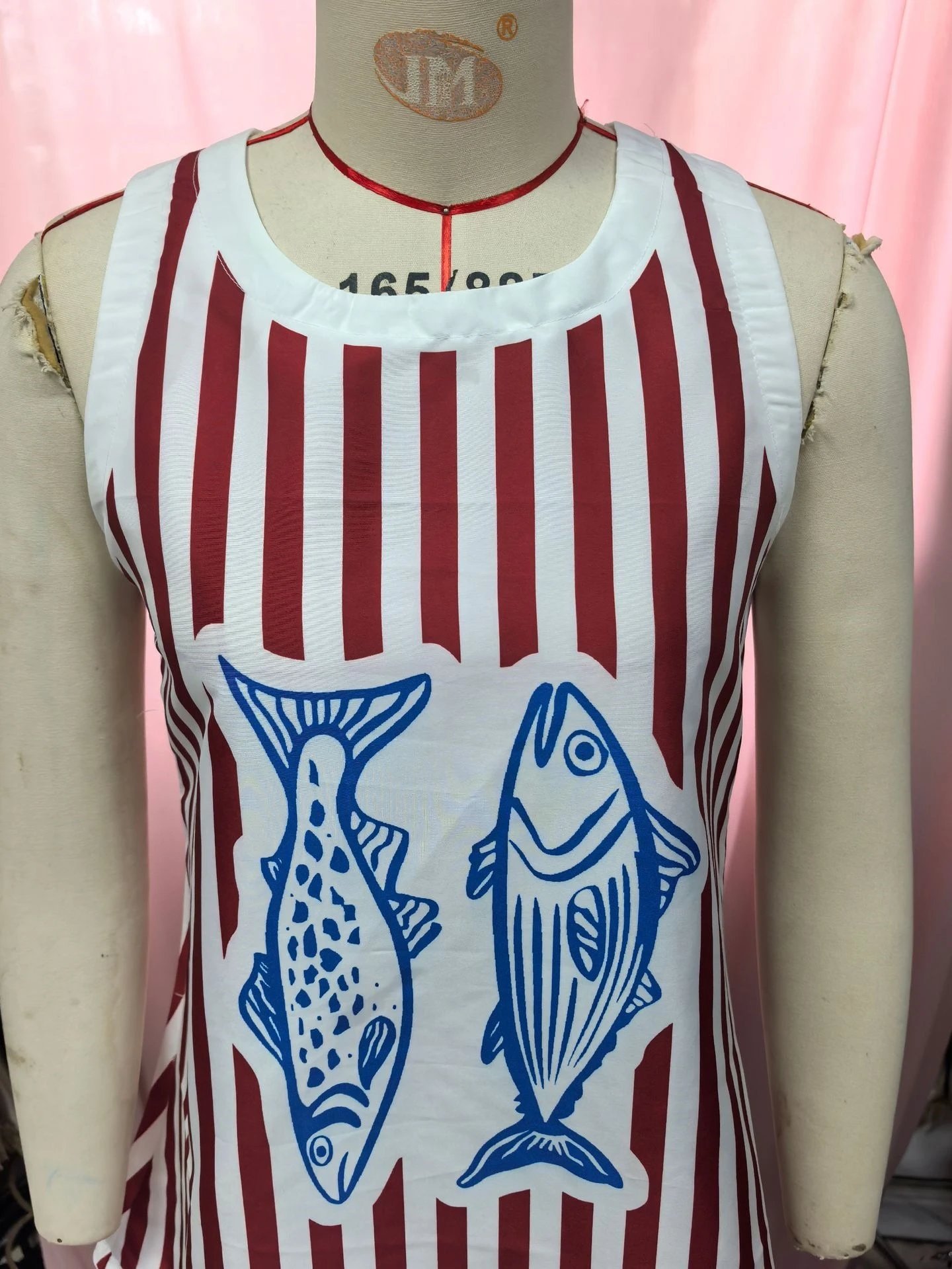 Design Fish Print Sleeveless Dress with Red Trim White Blue - 15