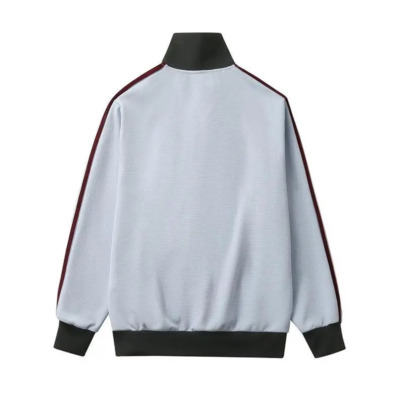 Design Track Jacket Light Gray with Burgundy Stripes and Black Trim Jacket Outerwear - 8