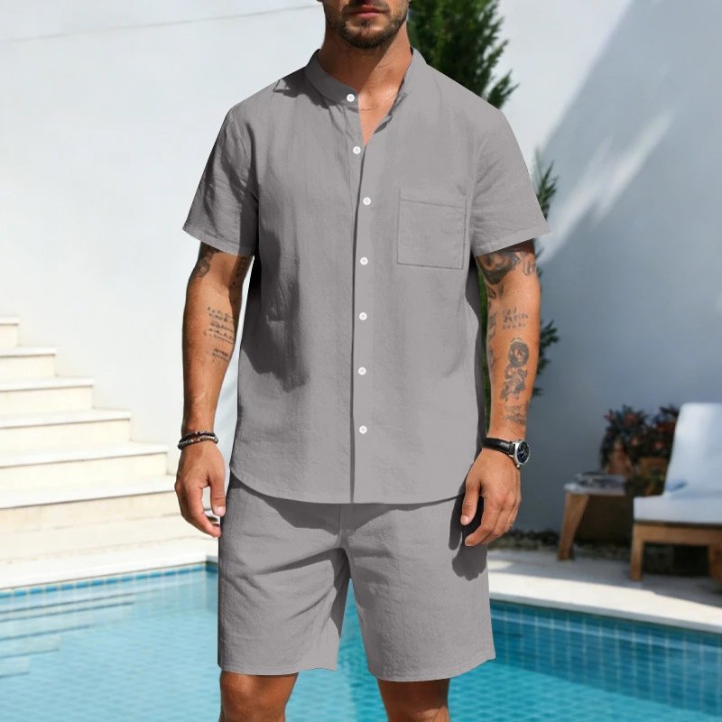 Design Olive Green Button-Front Shirt and Drawstring Shorts Set - 28