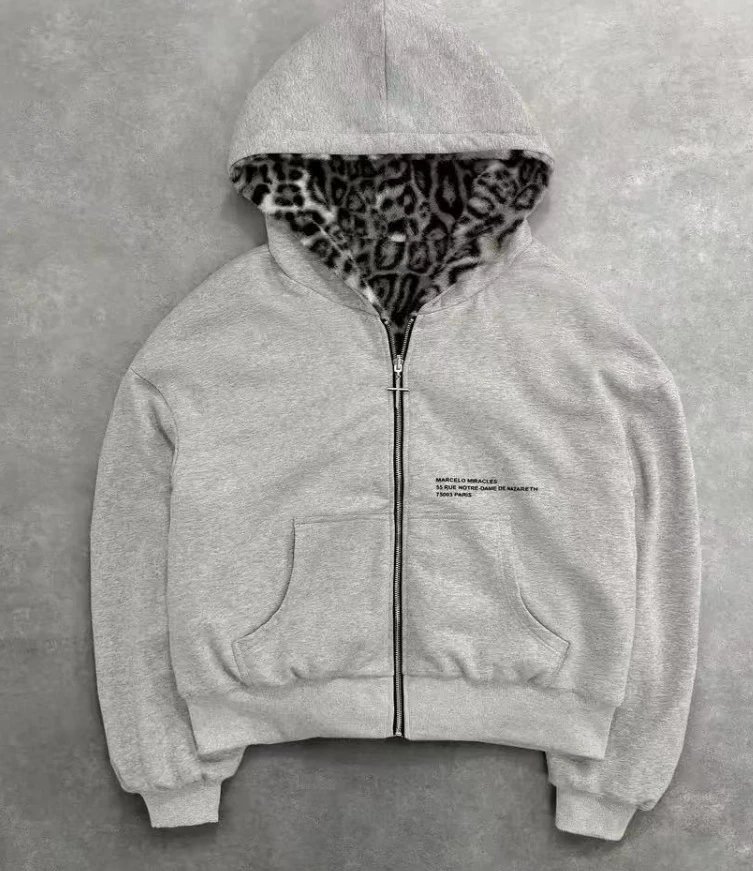 Design Leopard-Lined Zip-Up Hoodie Gray - 12