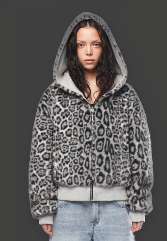 Design Leopard-Lined Zip-Up Hoodie Gray - 9
