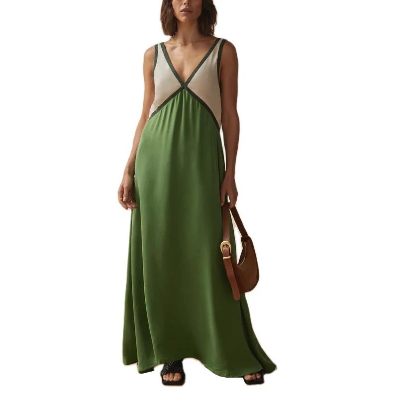 Design Color-Block V-Neck Maxi Dress Green - 11