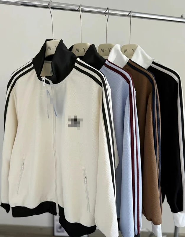 Design Track Jacket Light Gray with Burgundy Stripes and Black Trim Jacket Outerwear - 5