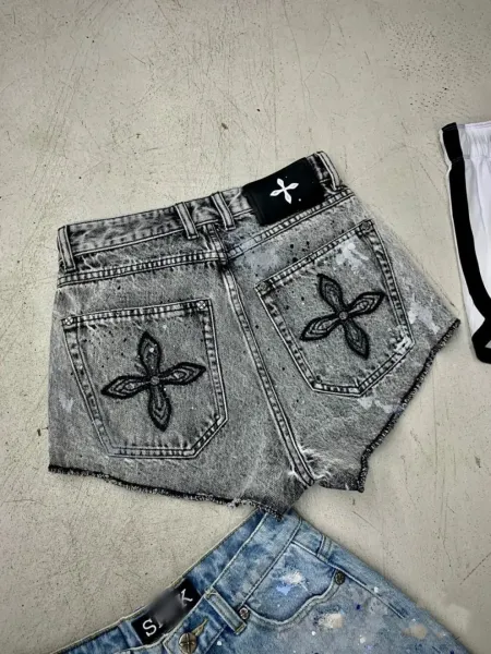 Design Embroidered Fleur-de-Lis Denim Shorts with Frayed Hem and Paint Splatter Detail - 5