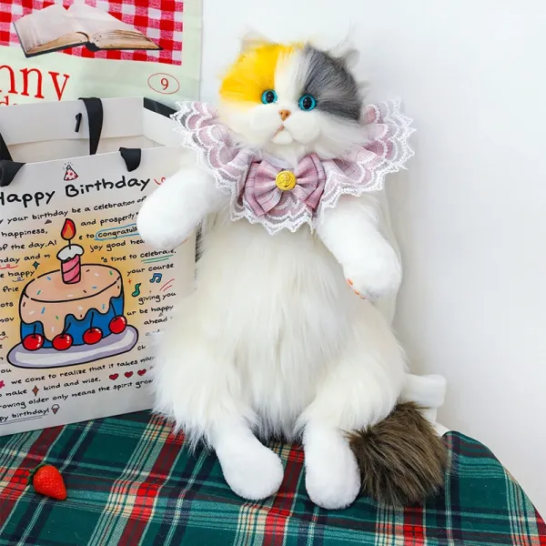 Design Plush Cat Doll with Lace Collar and Bow Tie White Multicolor Toy Accessories - 1