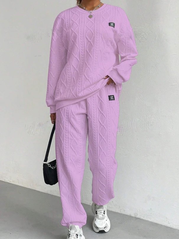 Design Cable Knit Sweater Set Beige Casual Set - 10