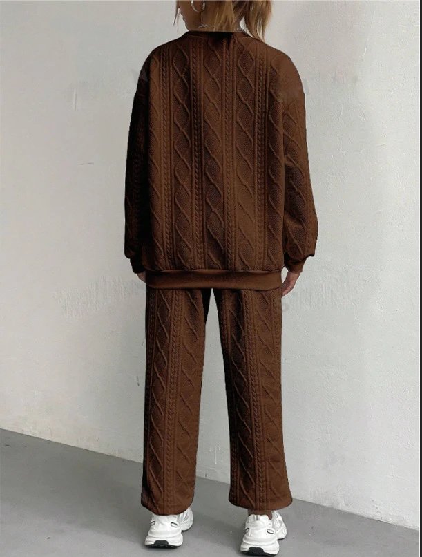 Design Cable Knit Sweater Set Beige Casual Set - 12