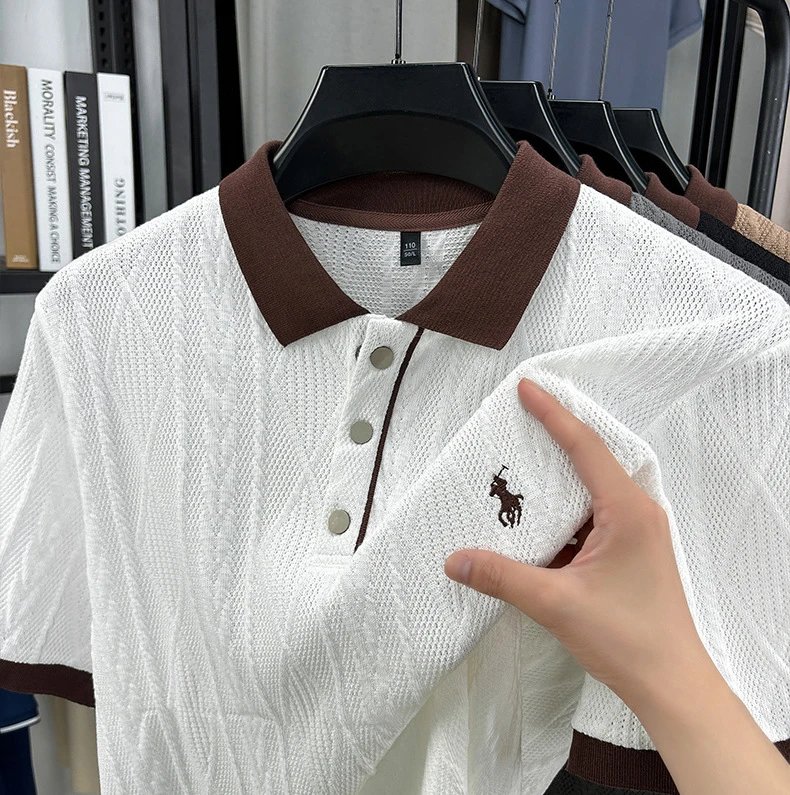 Design Knit Diamond Pattern Polo Shirt Gray with Brown Collar Tops Polo - 14